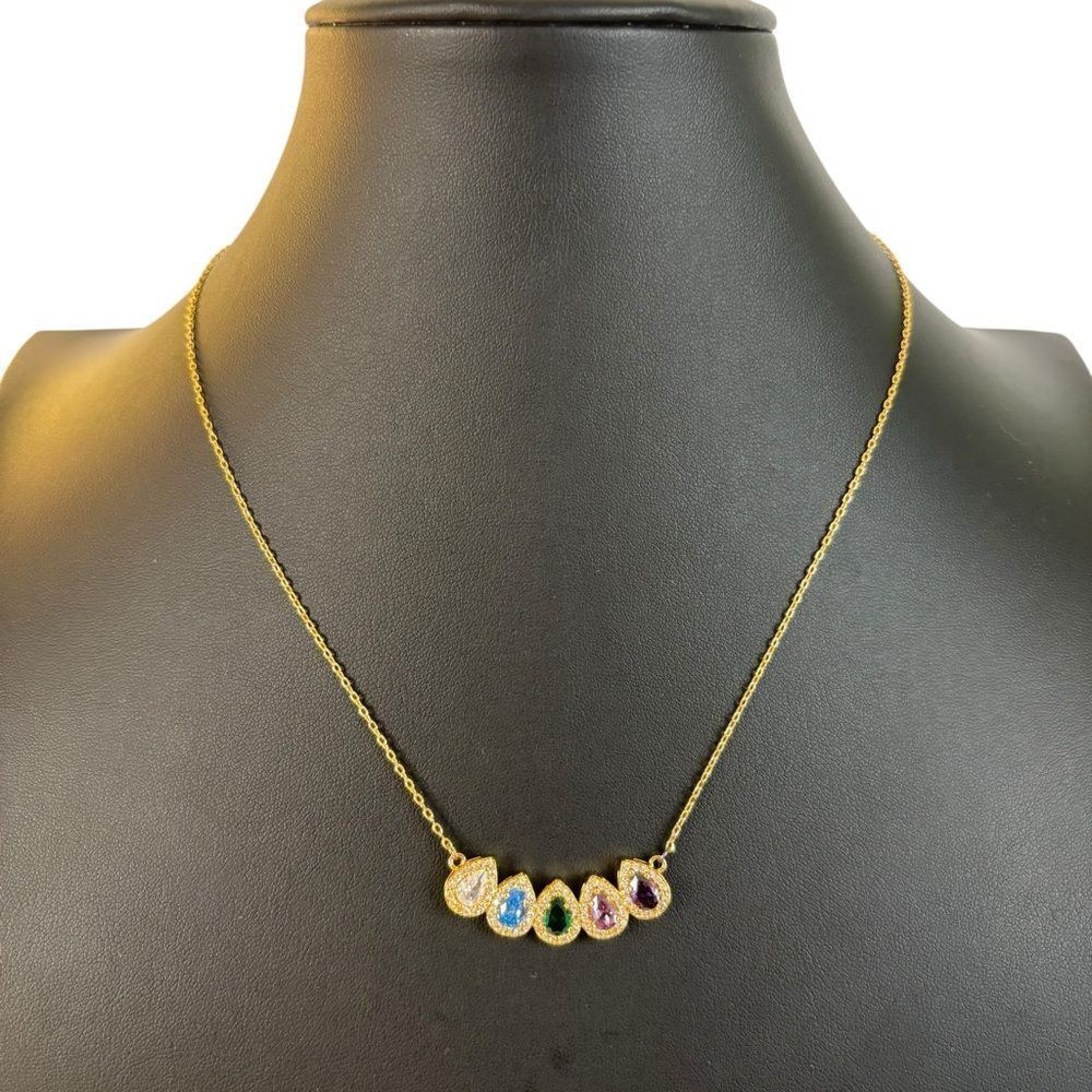 Elegant Gold Tone Multicolored Gemstone Teardrop Necklace - Picture 2 of 6